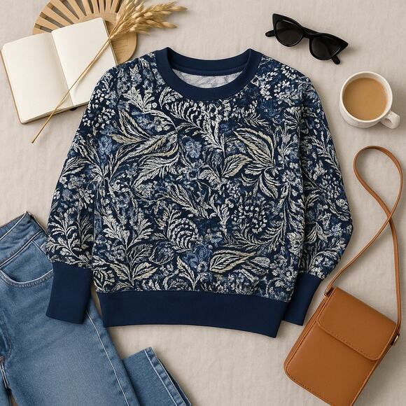 JOIE Floral Drop Shoulder Sweatshirt Blue Paisley Casual Cotton Womens Medium - Picture 1 of 6